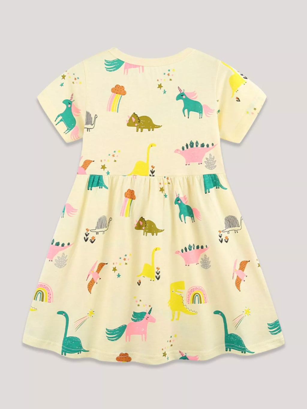 Trendsi pastel yellow dinosaur print casual dress with short sleeves and twirl skirt
