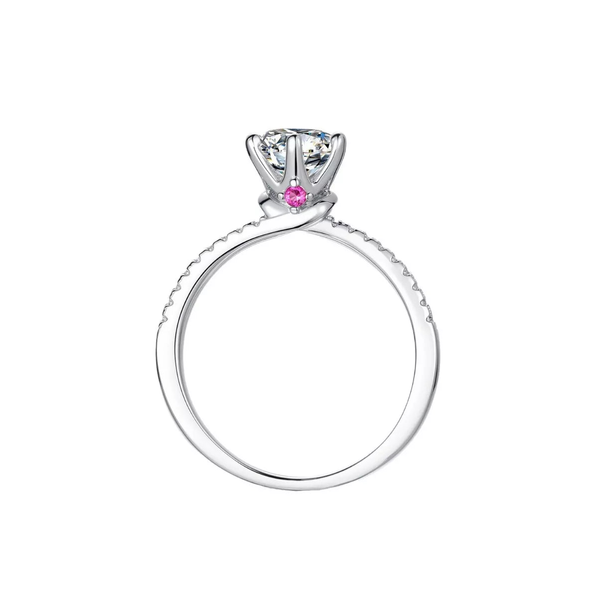 925 sterling silver moissanite ring with oval halo and pink-red center accents