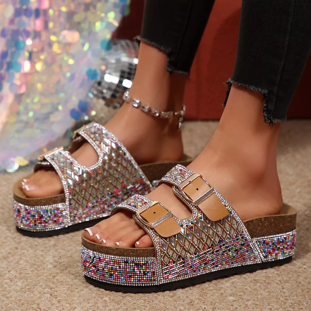 Rhinestone wedge sandals, open toe with double buckles and textured platform