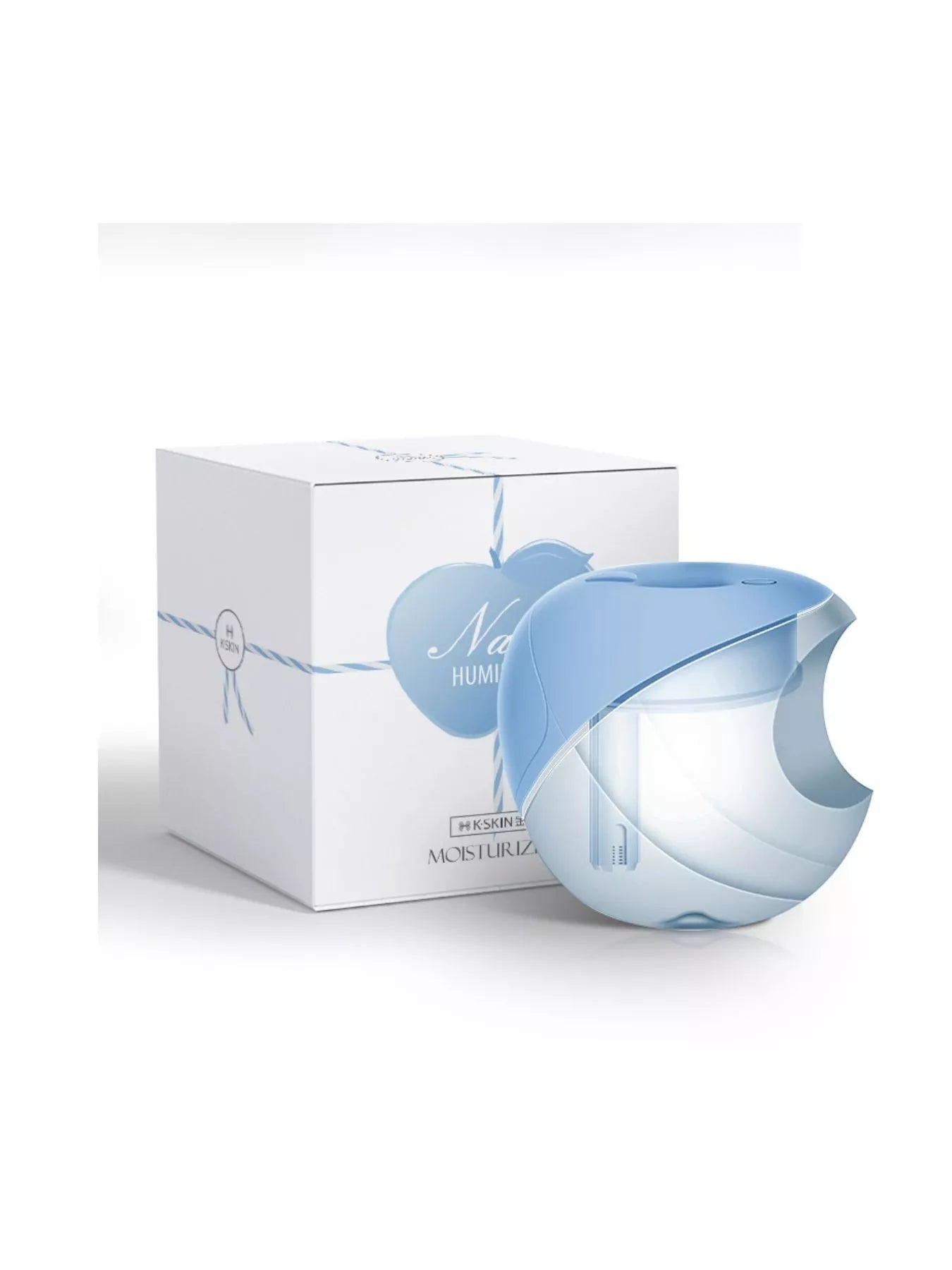 Light blue apple-shaped humidifier with mist outlet