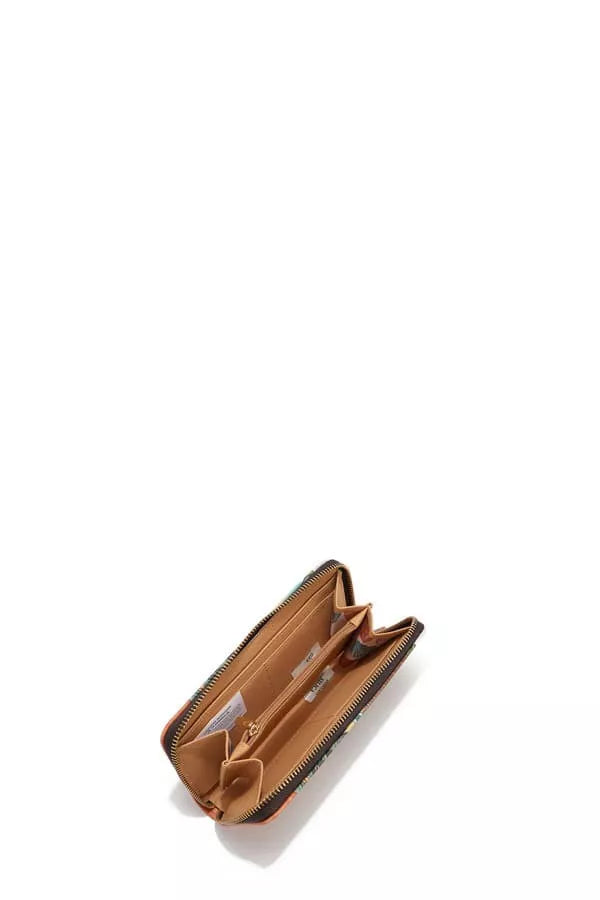 Sun-and-sand patterned zip wallet with tan interior and stitched edges