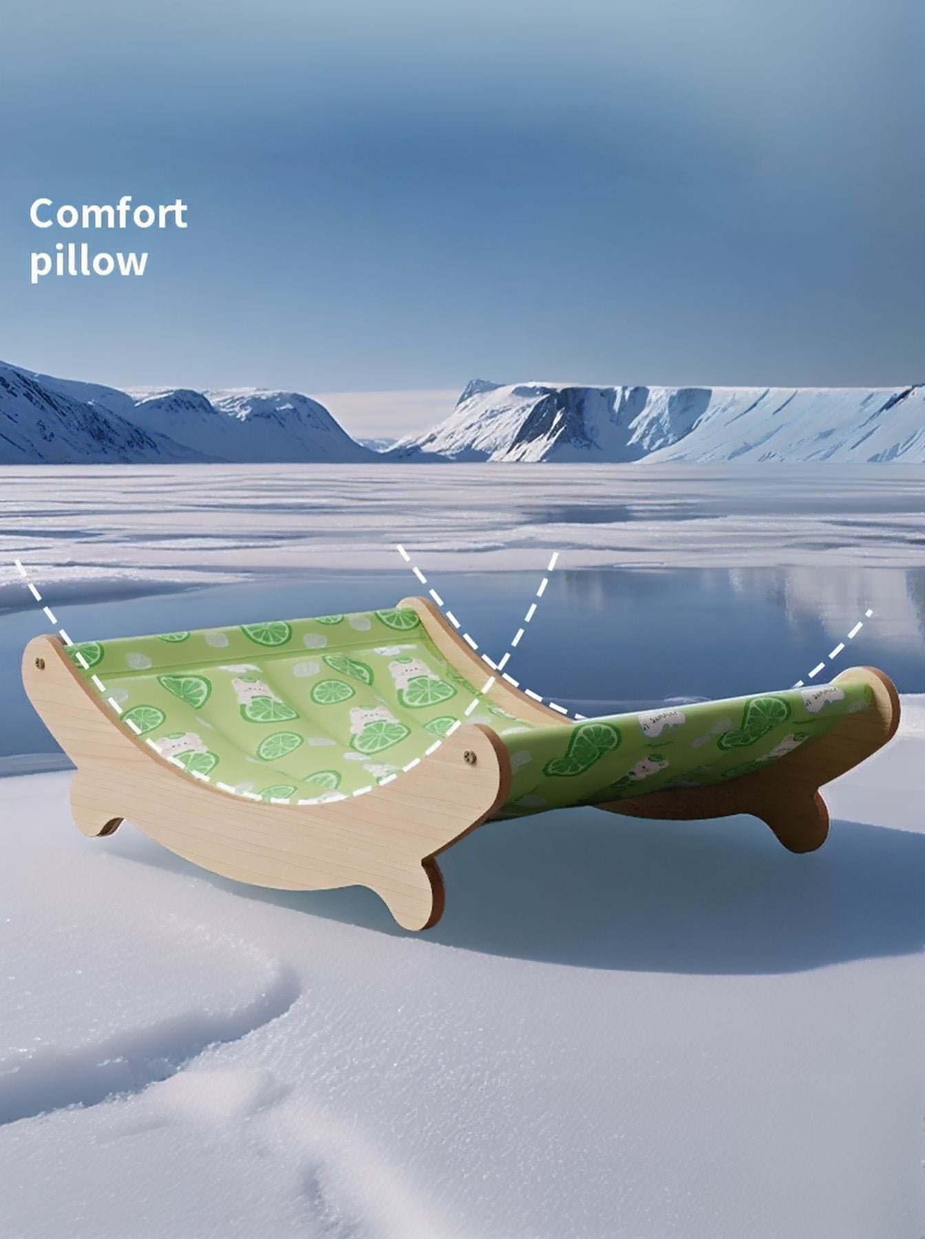 Grünes Pet Ice Nest mit Holz-Schaukelgestell und Zitronen-Print Polster