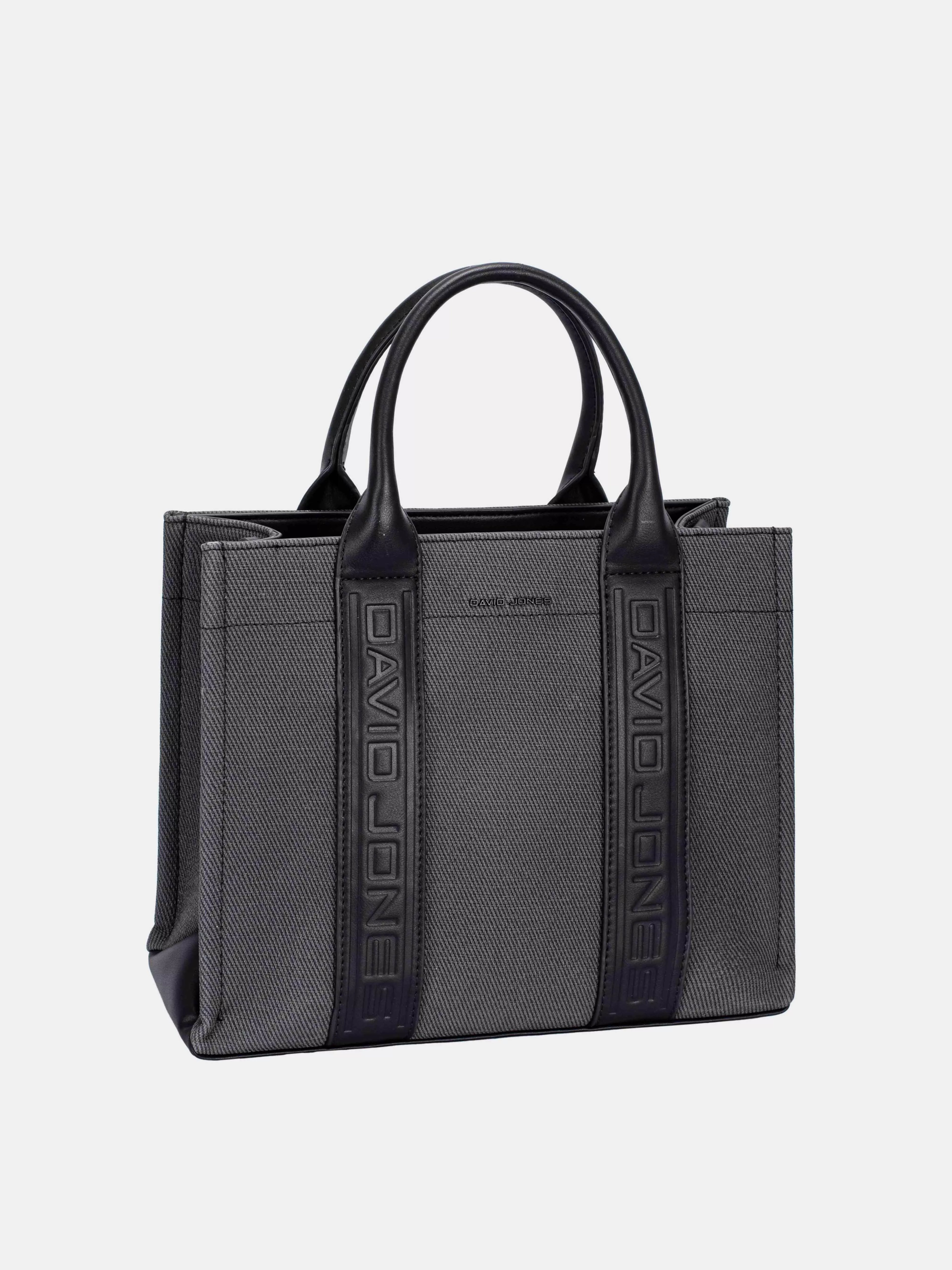 David Jones black canvas tote with contrast leather handles and embossed vertical logo panels