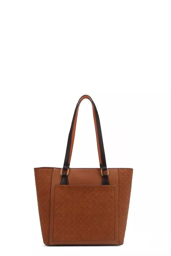 Brown tote bag with top handles and woven-look front panel
