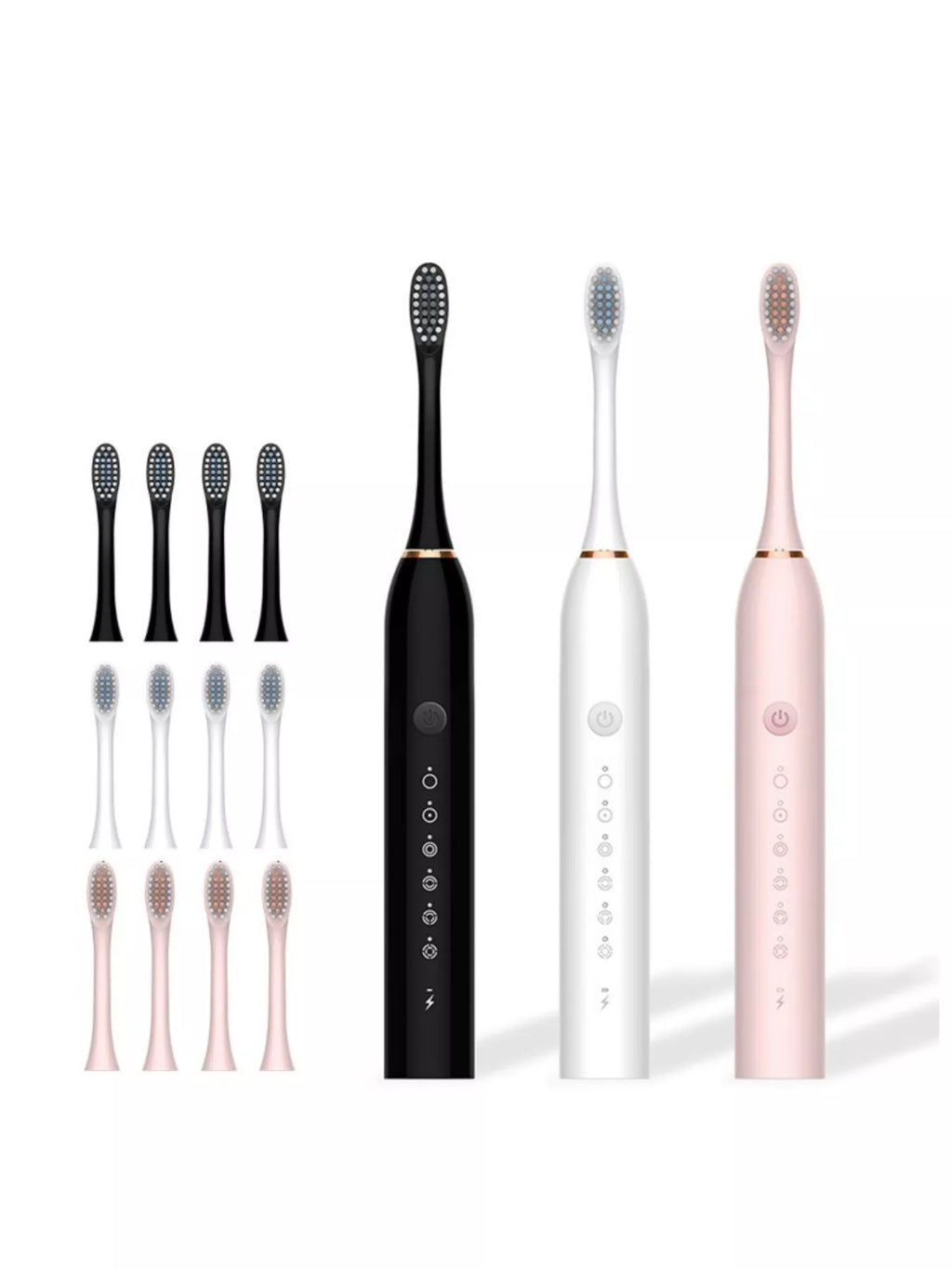 Multi-mode electric toothbrush set in black, white, and pink with extra brush heads