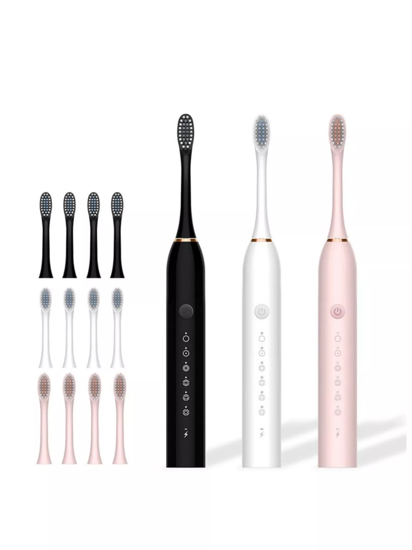 Multi-mode electric toothbrush set in black, white, and pink with extra brush heads