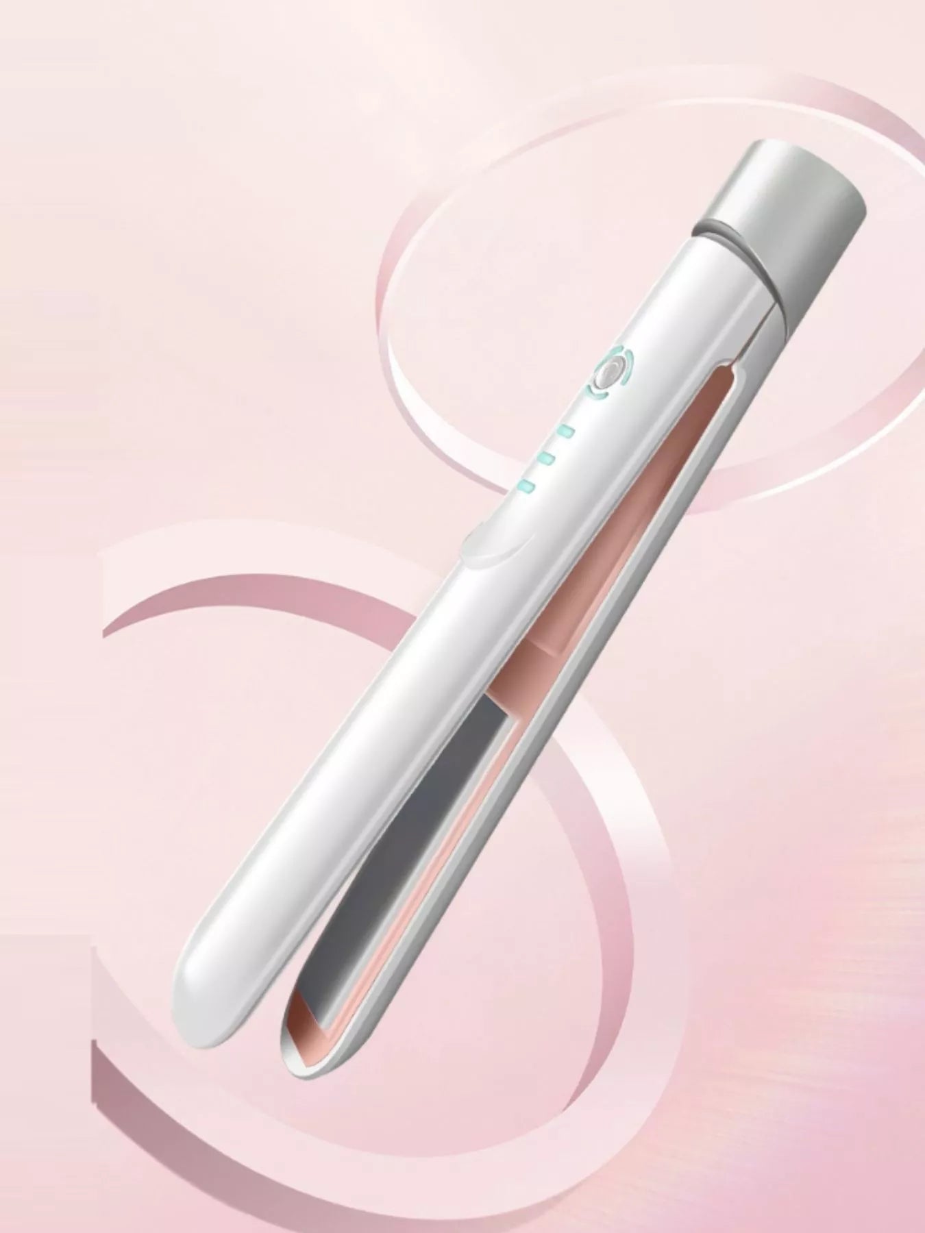 Portable cordless hair straightener, white with close-up ceramic plates