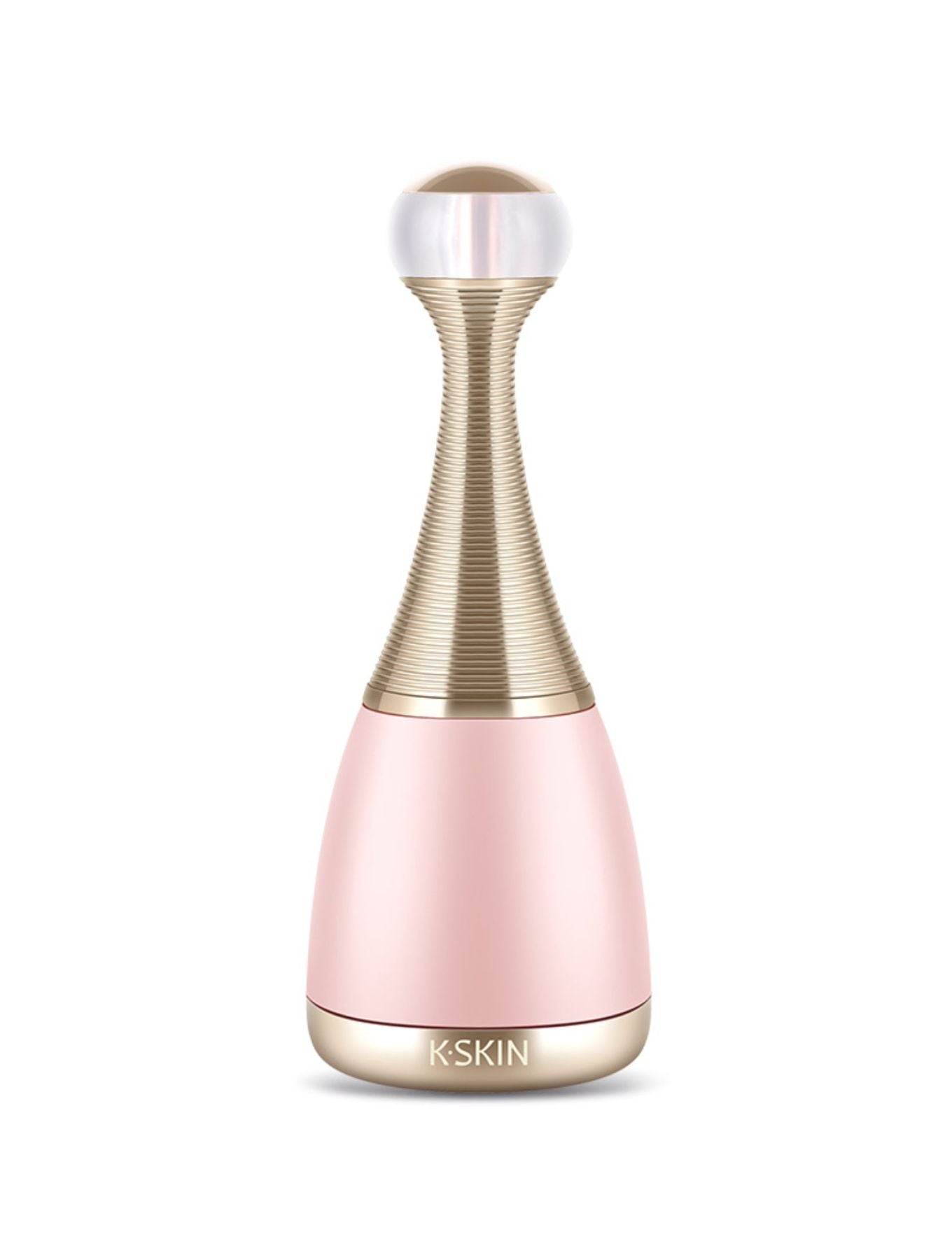 Blush pink facial steamer with gold base ring and white top, full-height view