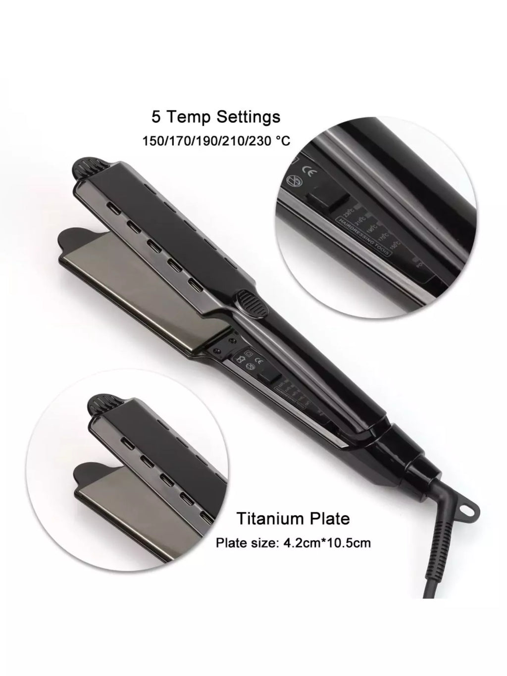 Black hair straightener with 5 temperature settings and titanium plate size label