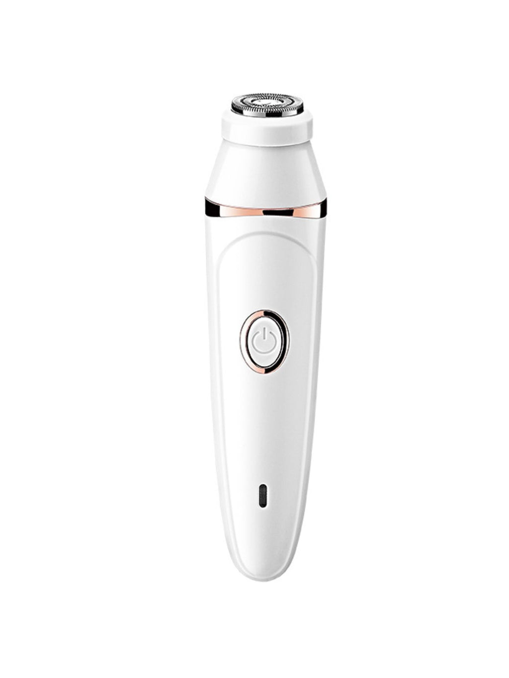 White epilator with rotary-style shaving head and circular power button