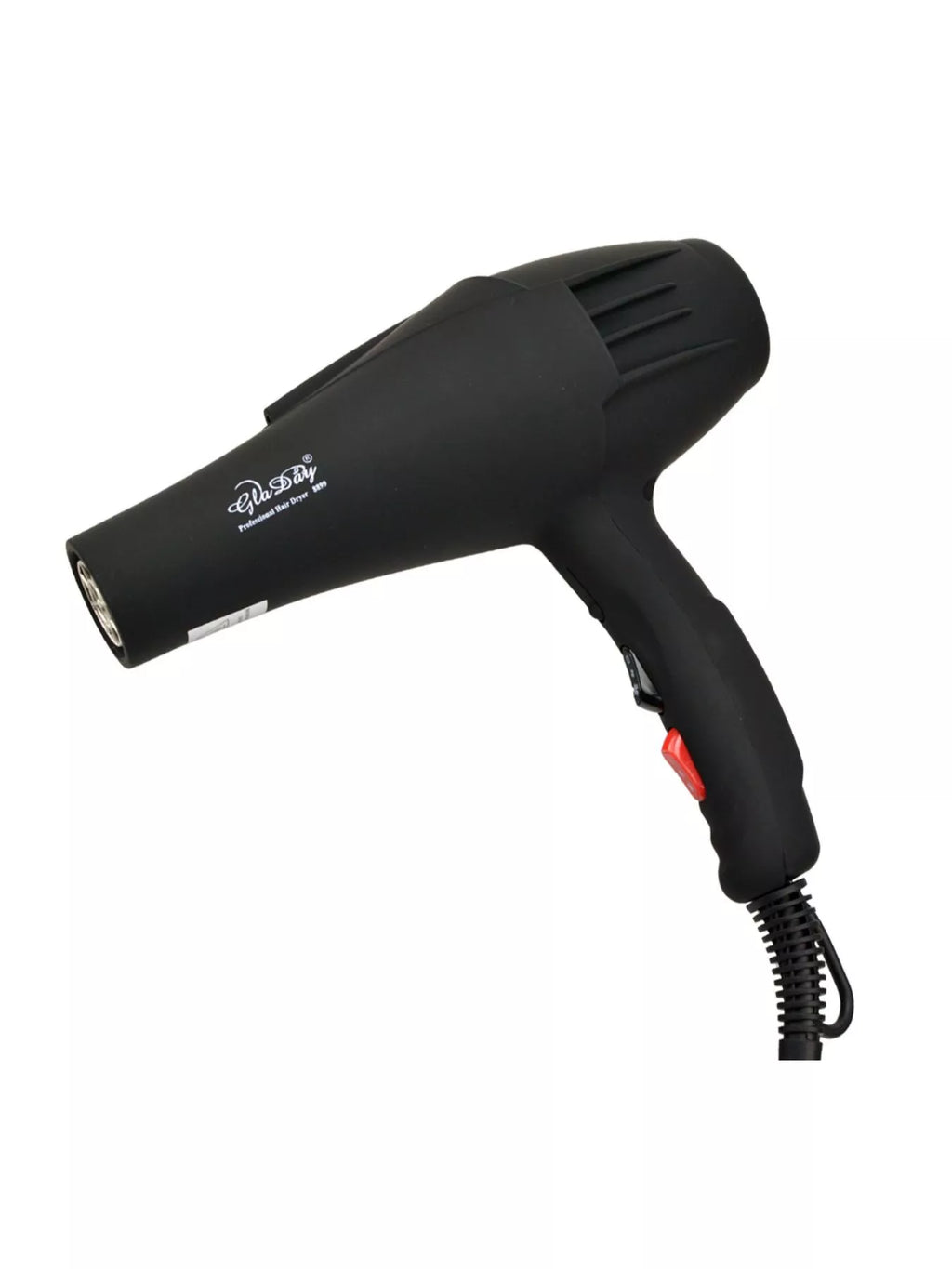 Black multi-speed hair dryer with open nozzle and red side switch detail