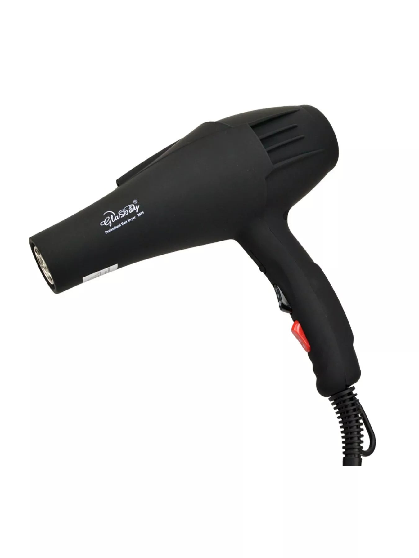 Black multi-speed hair dryer with open nozzle and red side switch detail