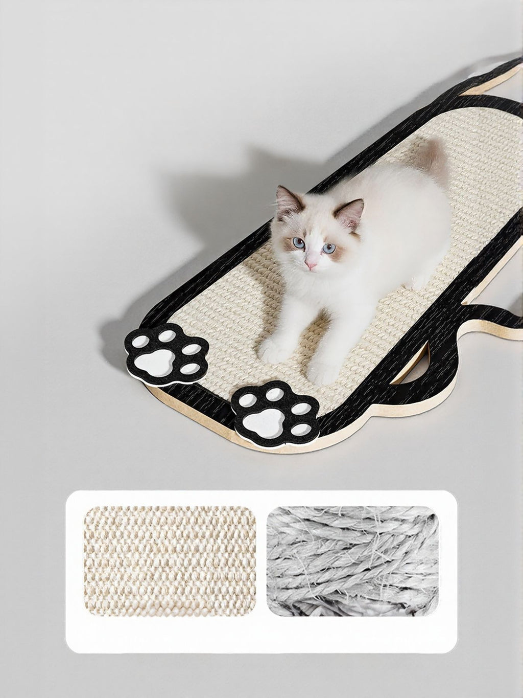 Cat scratching post with beige sisal top and black paw graphic on curved side