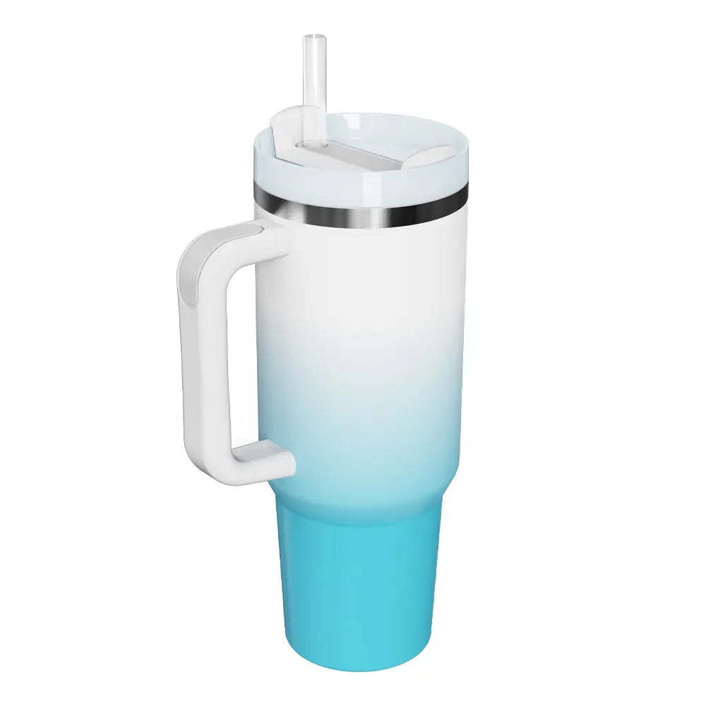 Gradient stainless steel tumbler in Aqua with lid, straw, and side handle