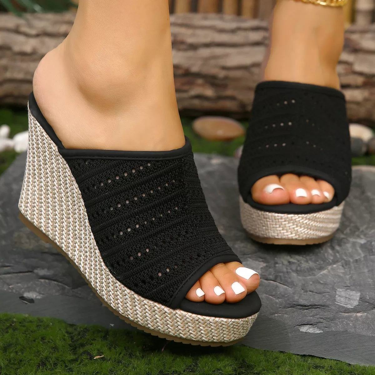Open Toe Wedge Sandals Black, perforated knit open-toe slide on textured wedge