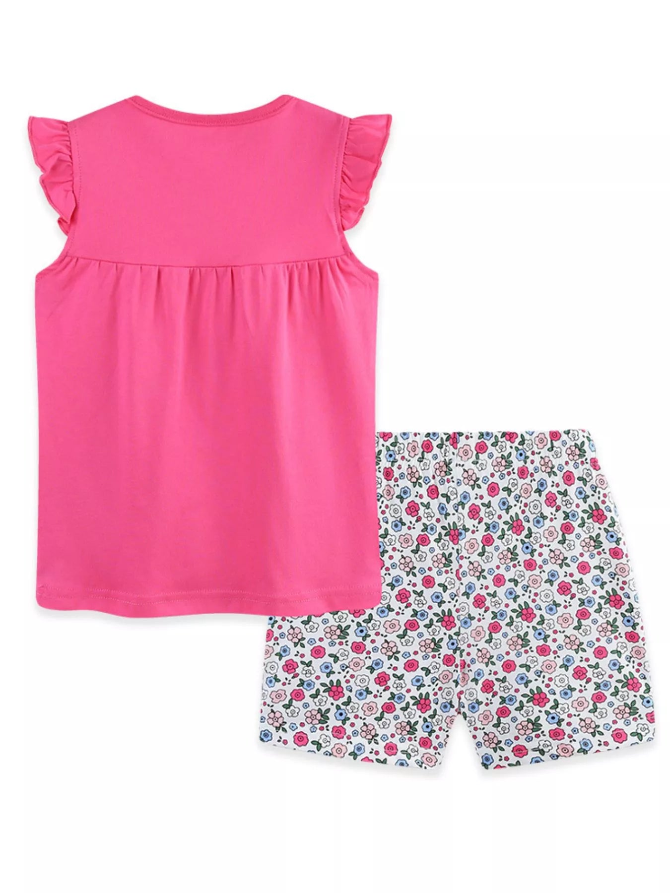 Hot pink ruffle-sleeve top and floral shorts set with giraffe applique