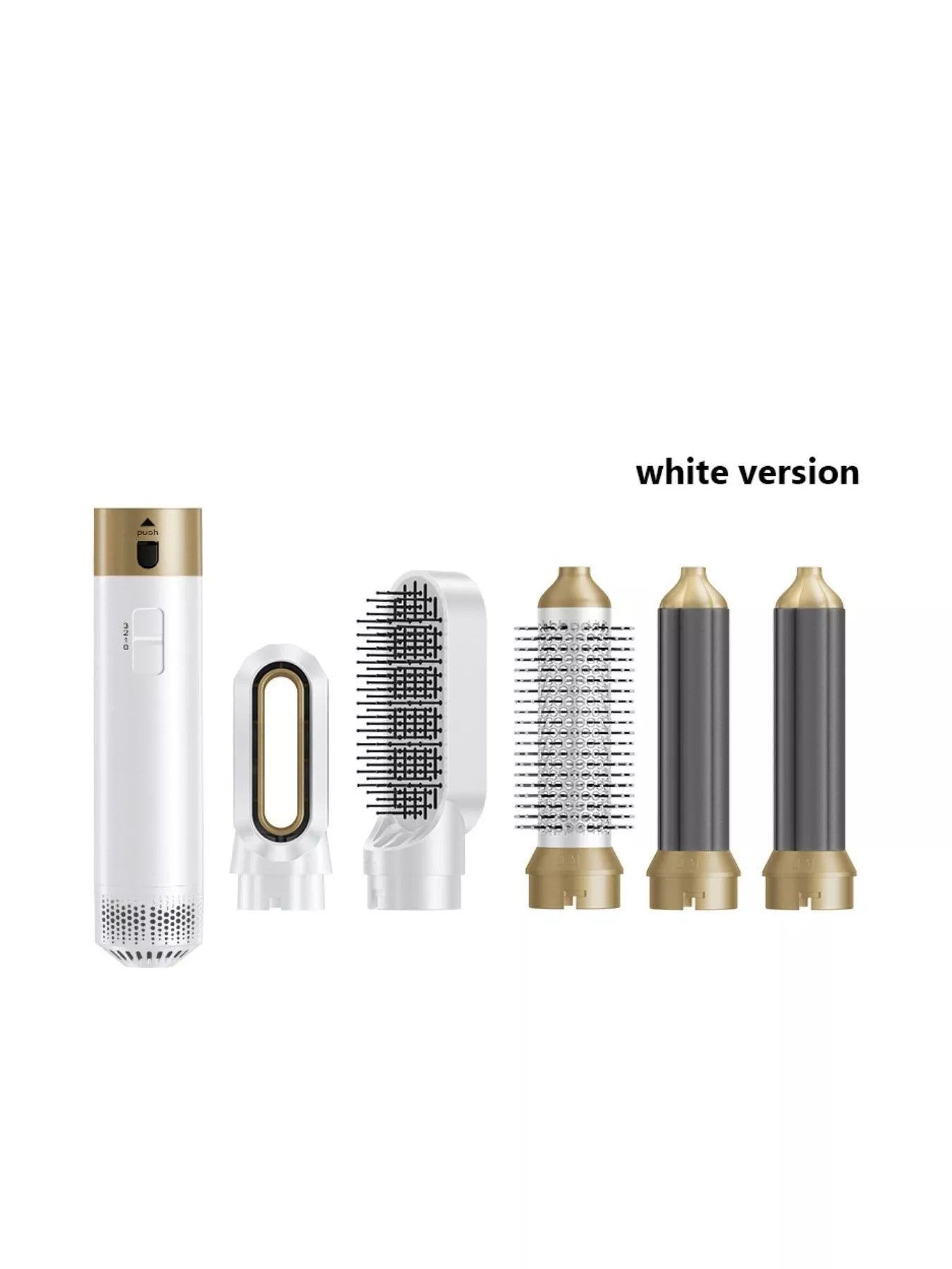 White version 5-in-1 hot air brush with matching gold and black styling barrels