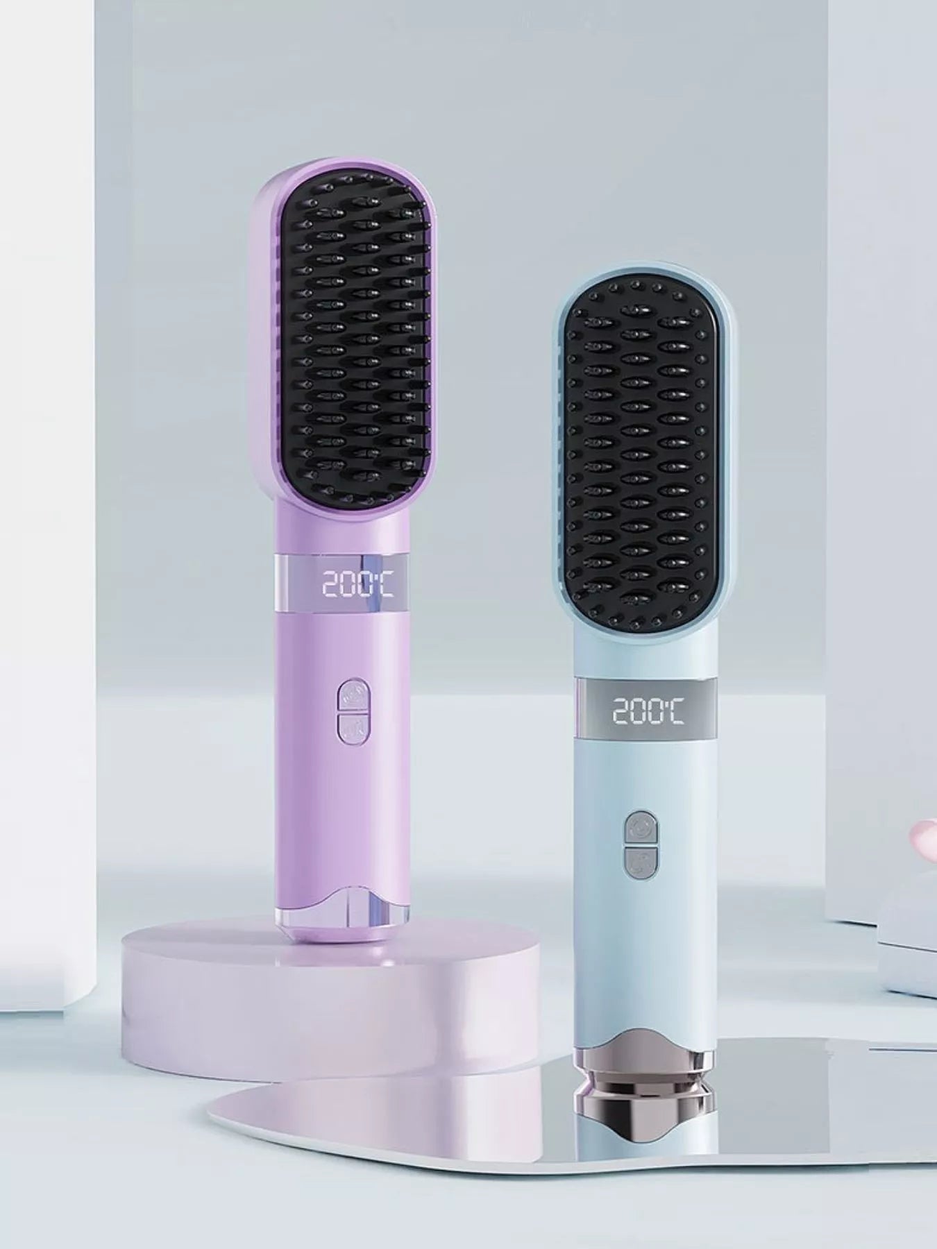 Lilac heated straightening comb with black bristles and LCD temperature display