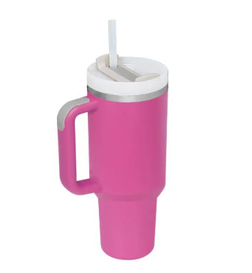 40 oz insulated tumbler with handle, straw, and lid in hot pink