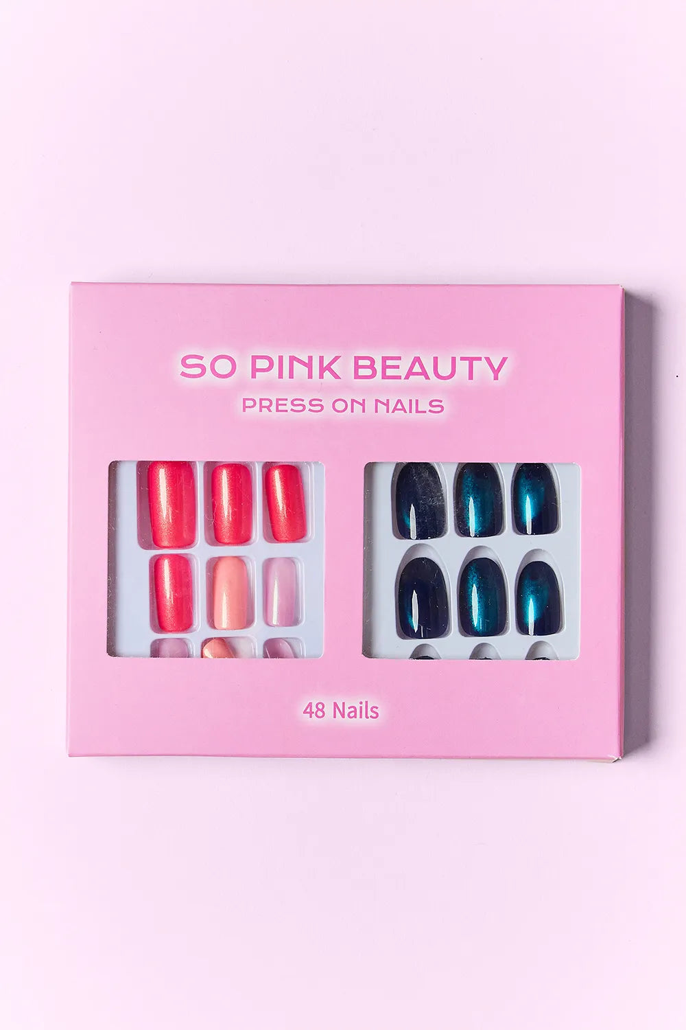 SO PINK BEAUTY press on nails box, Glamour & Glitz: red glossy and dark blue tips