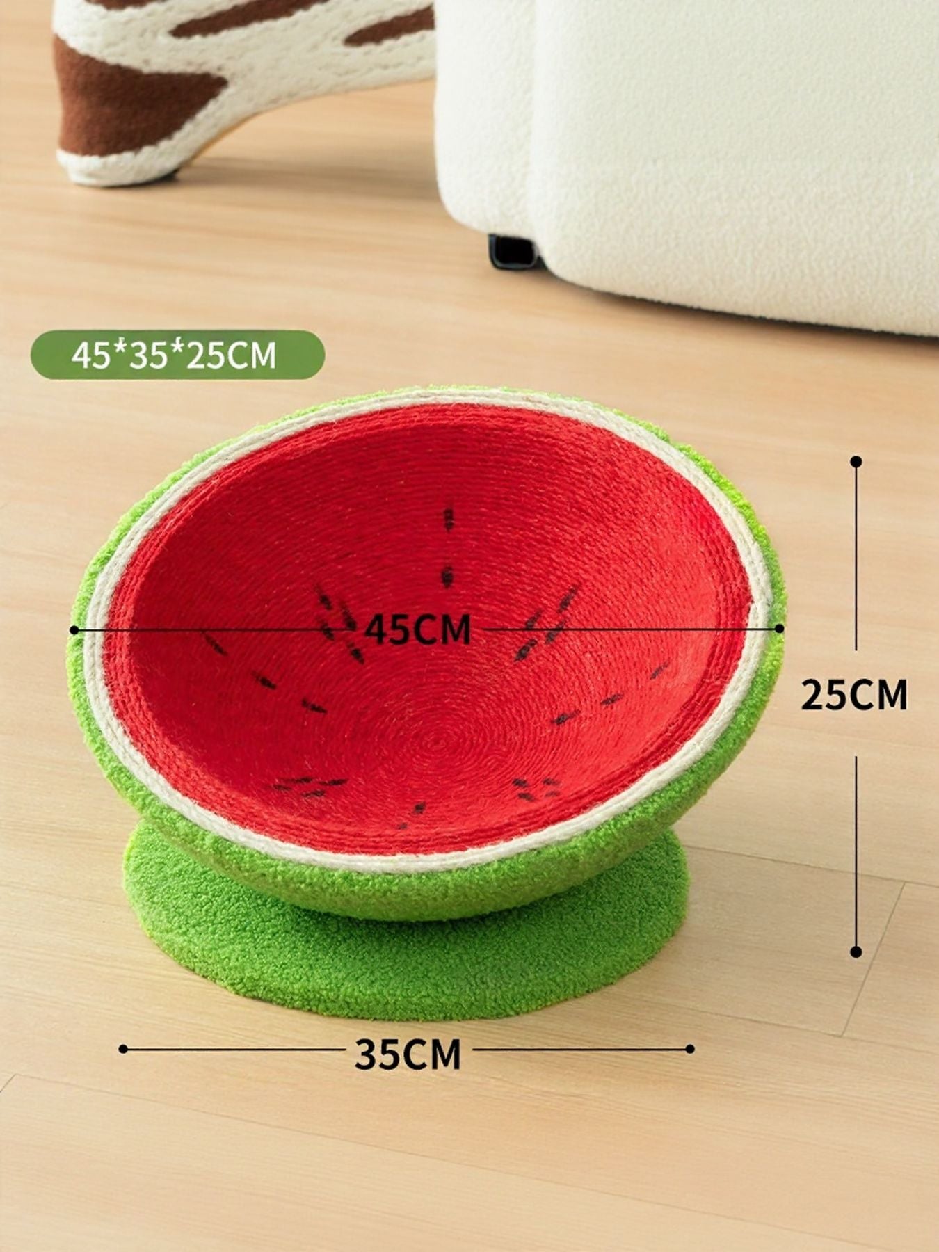 Watermelon-shaped cat scratching post nest with textured red top and green base