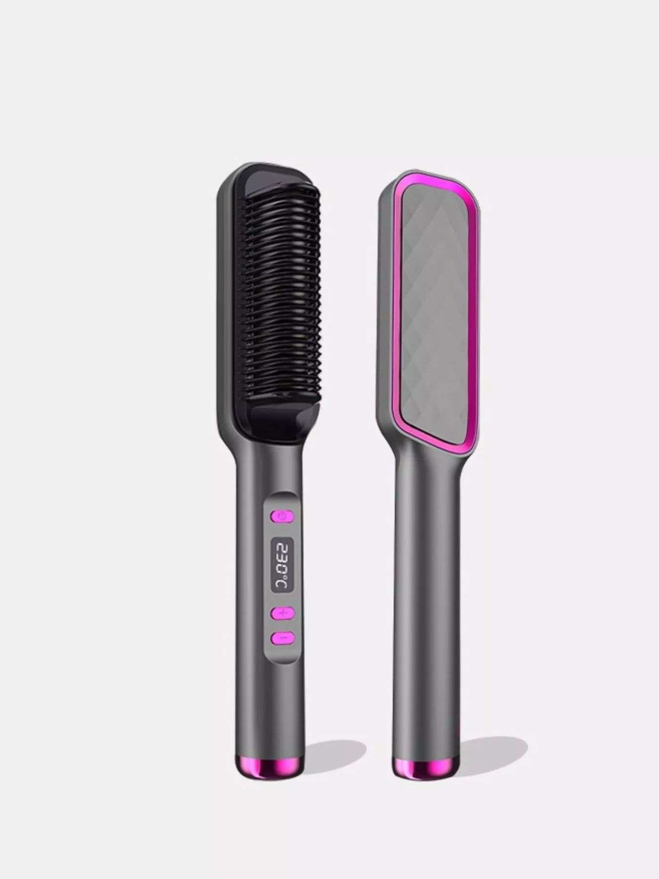 Gray ceramic straightening comb with black ridged brush head and purple indicator lights