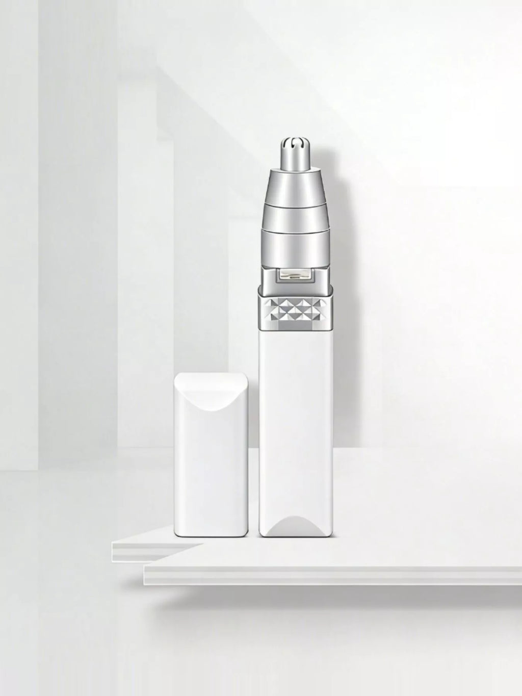 Portable nose hair trimmer in white/silver, compact handheld design with cleaning cap