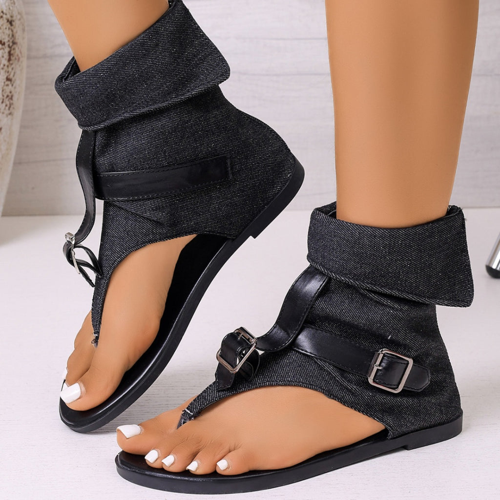 Black denim toe-post sandals with ankle and instep buckle straps, open toe
