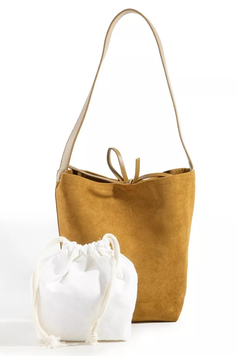Faux suede bucket pouch tote, tan (LBR) with attached white drawstring pouch