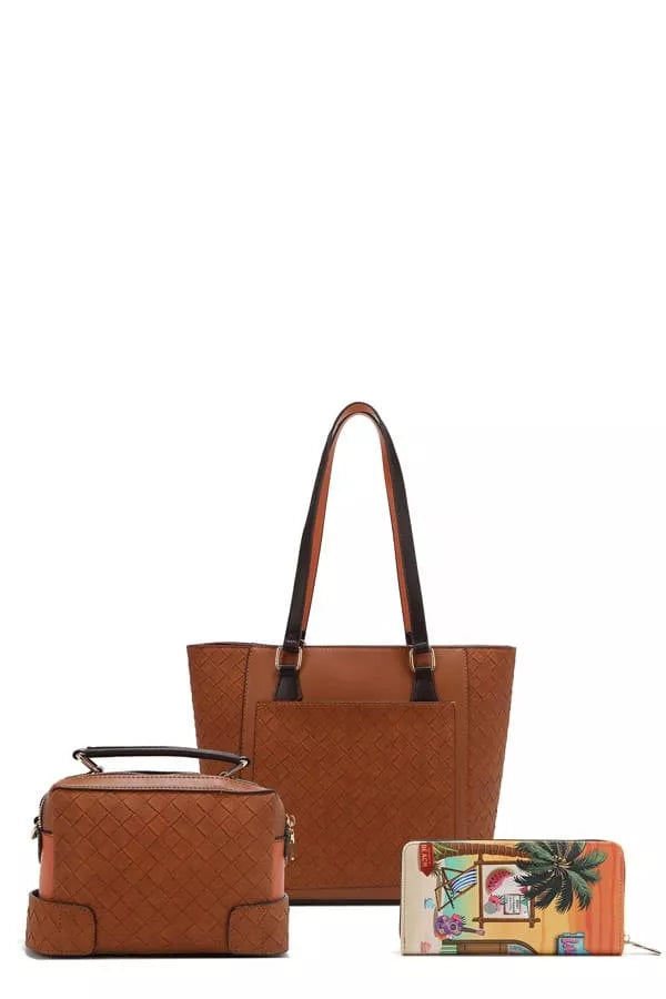 Sun and Sand tote bag with woven-look texture, plus matching small crossbody and pouch