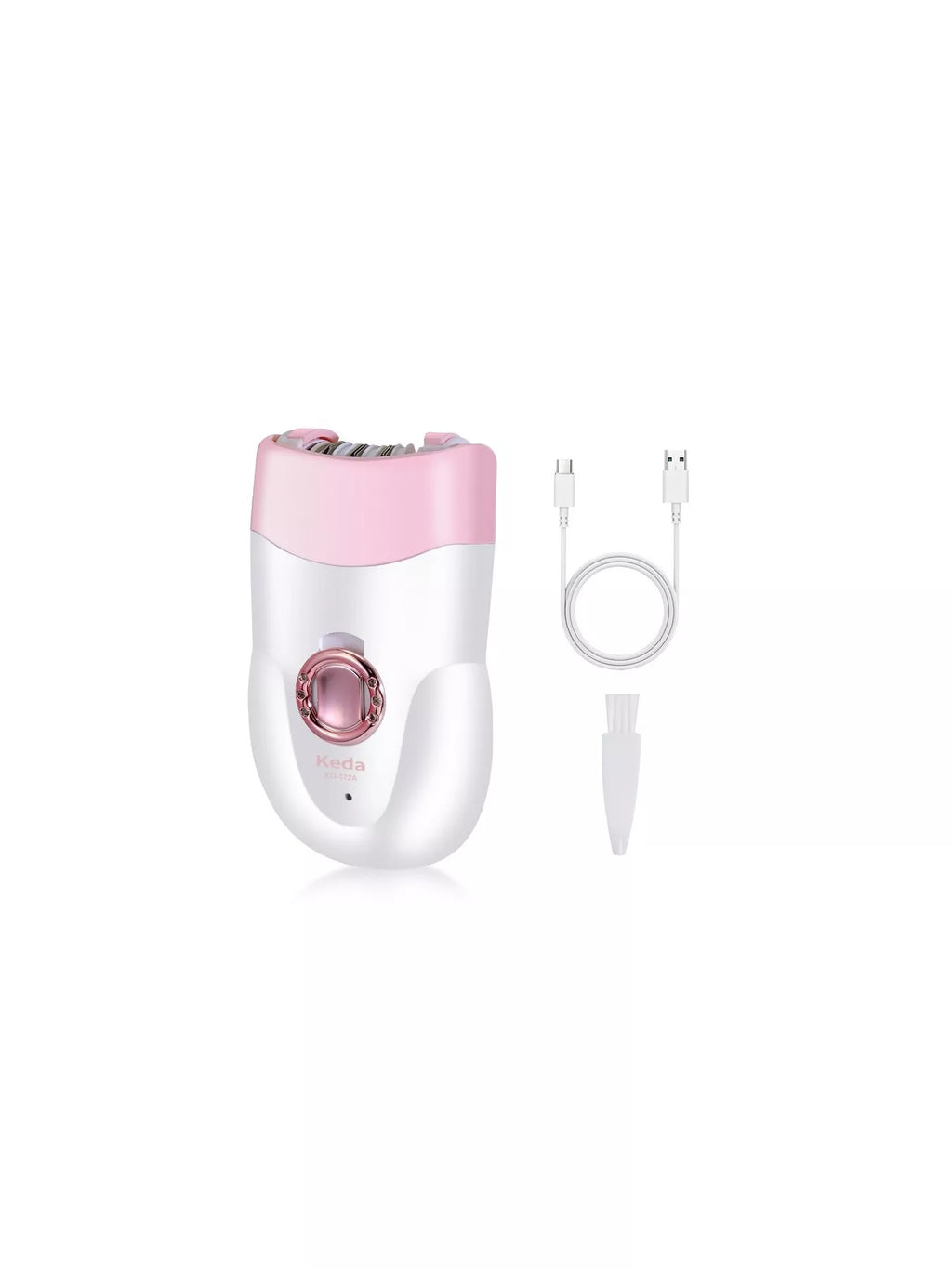 Electric clip hair remover with pink cap, white body, and included charging cable set