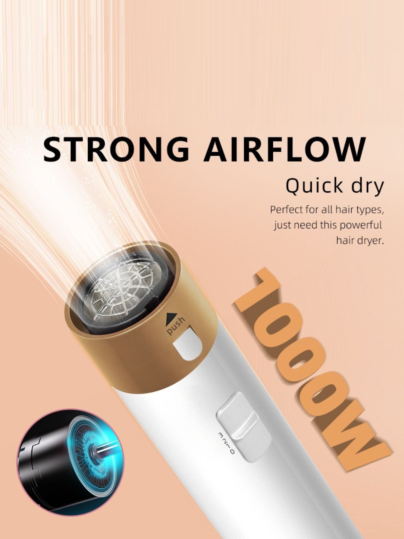 5‑in‑1 Hot Air Brush nozzle with airflow outlet and control buttons on handle