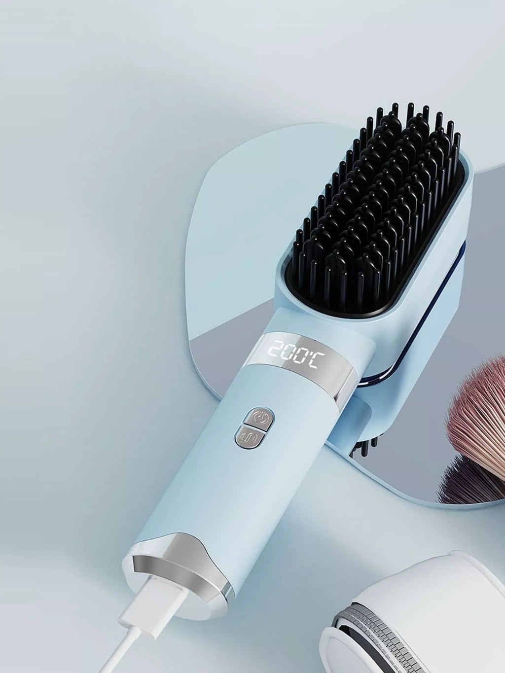 Light blue heated straightening comb with black bristles and LCD 200°C
