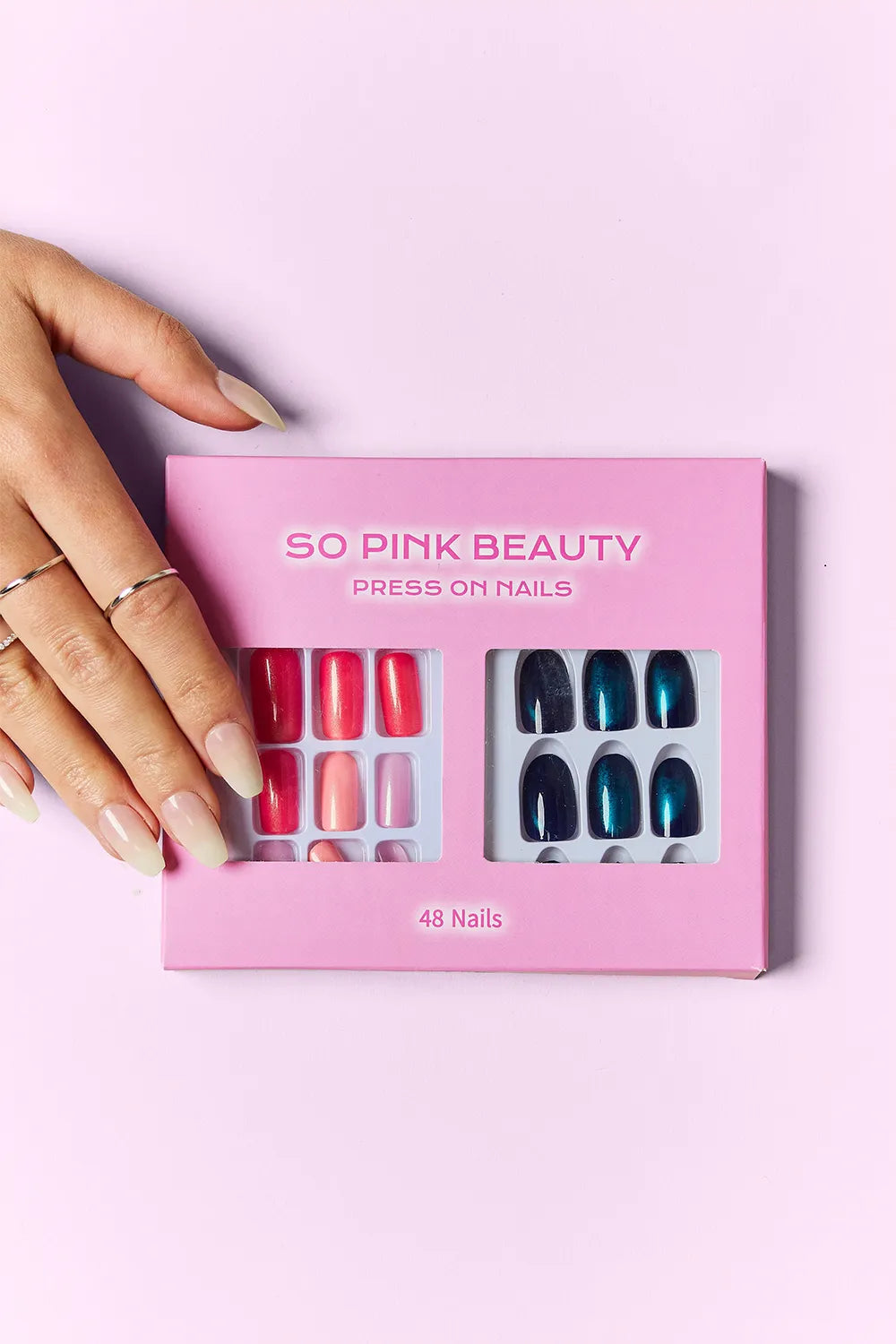 SO PINK BEAUTY Glamour & Glitz press on nails box showing red and dark blue sets