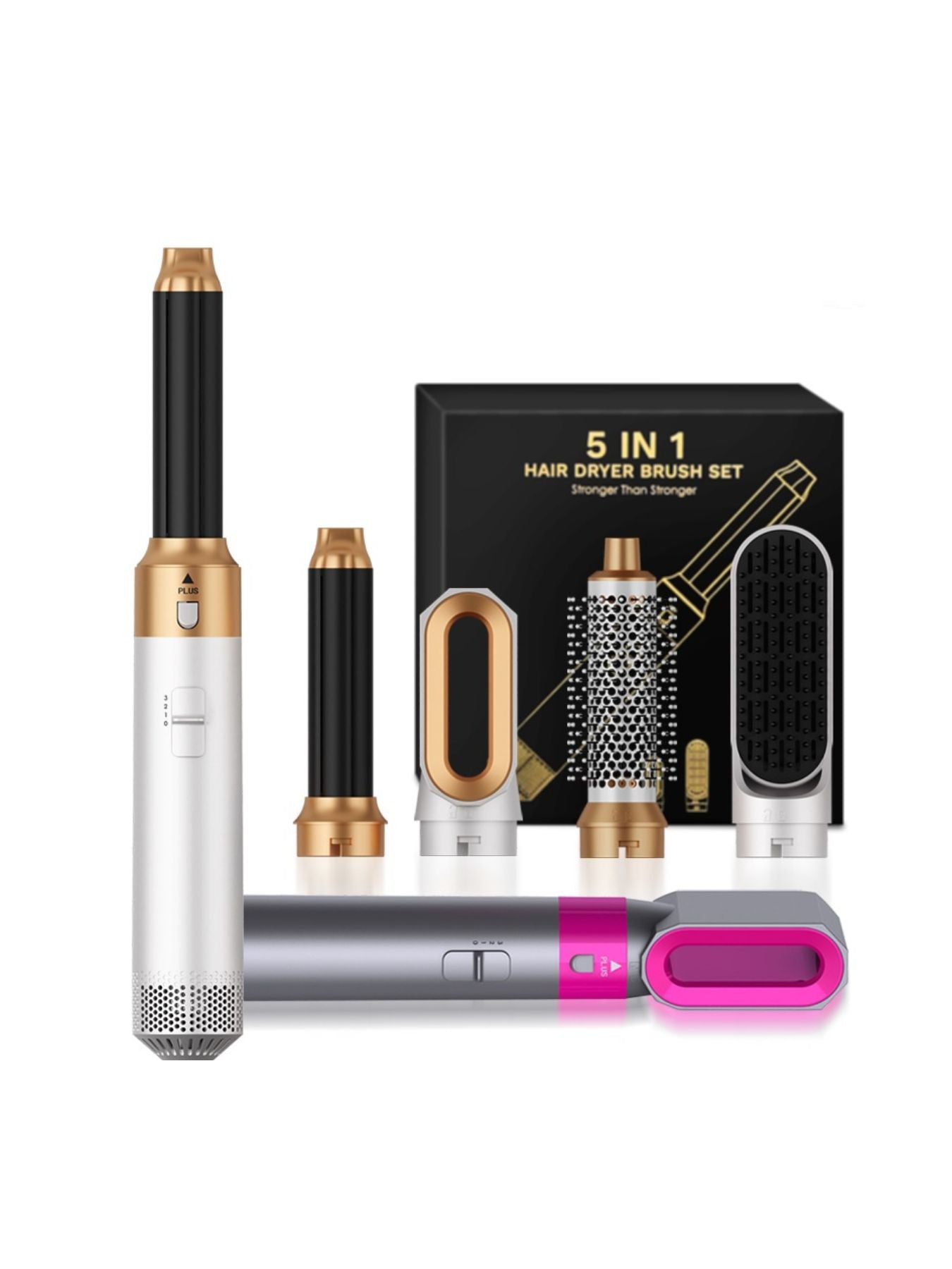 5‑in‑1 Hot Air Brush kit with upright handle, 4 attachments, and storage box
