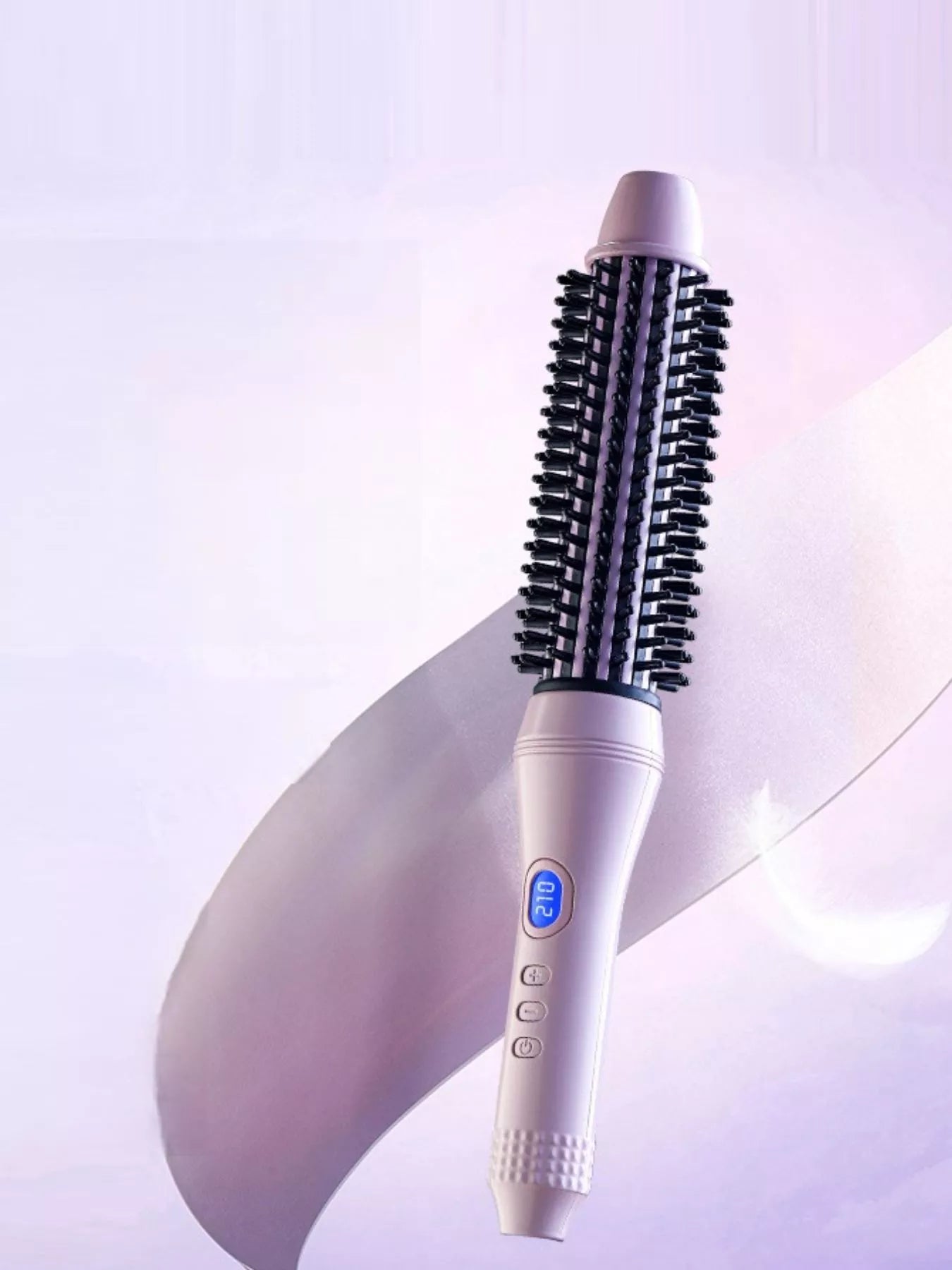 Pink-purple fast heating hot air brush with black bristle barrel and handle buttons