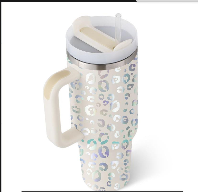 40 oz insulated tumbler with handle, straw, and lid in leopard-print light base
