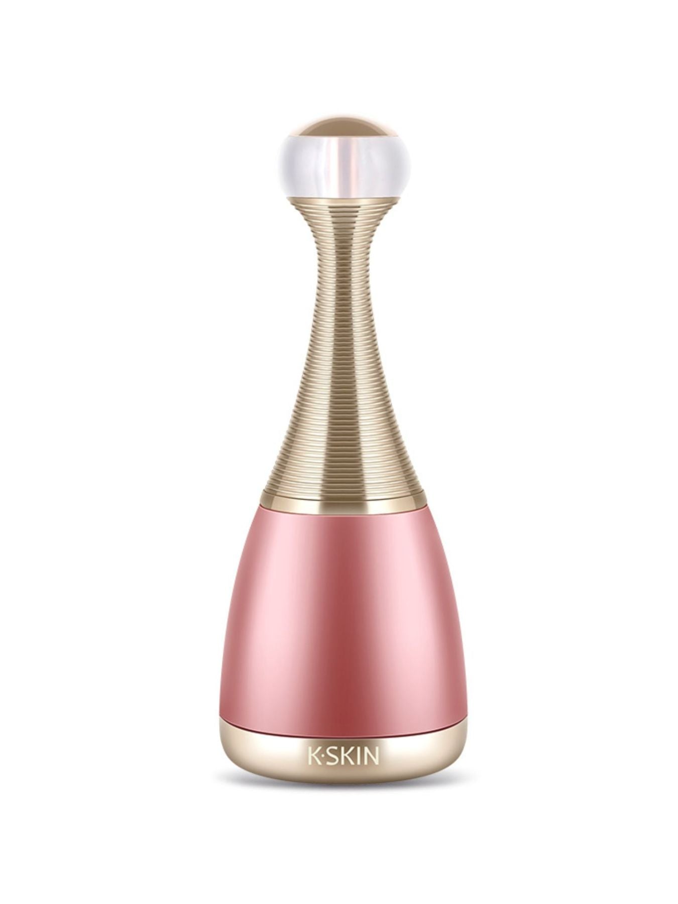 Blush pink facial steamer device with gold wavy neck and rounded base