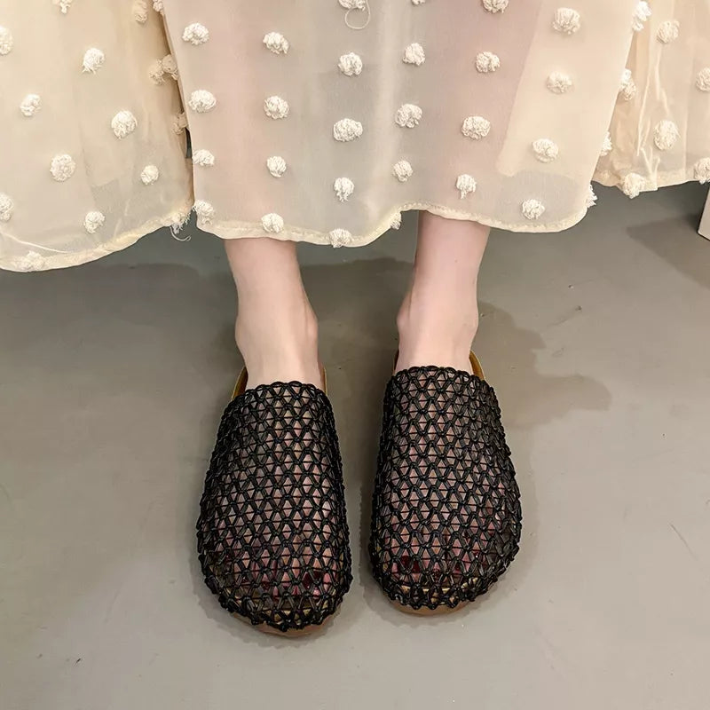 Black woven mesh slip-on sandals, open-toe clogs with crisscross lattice upper