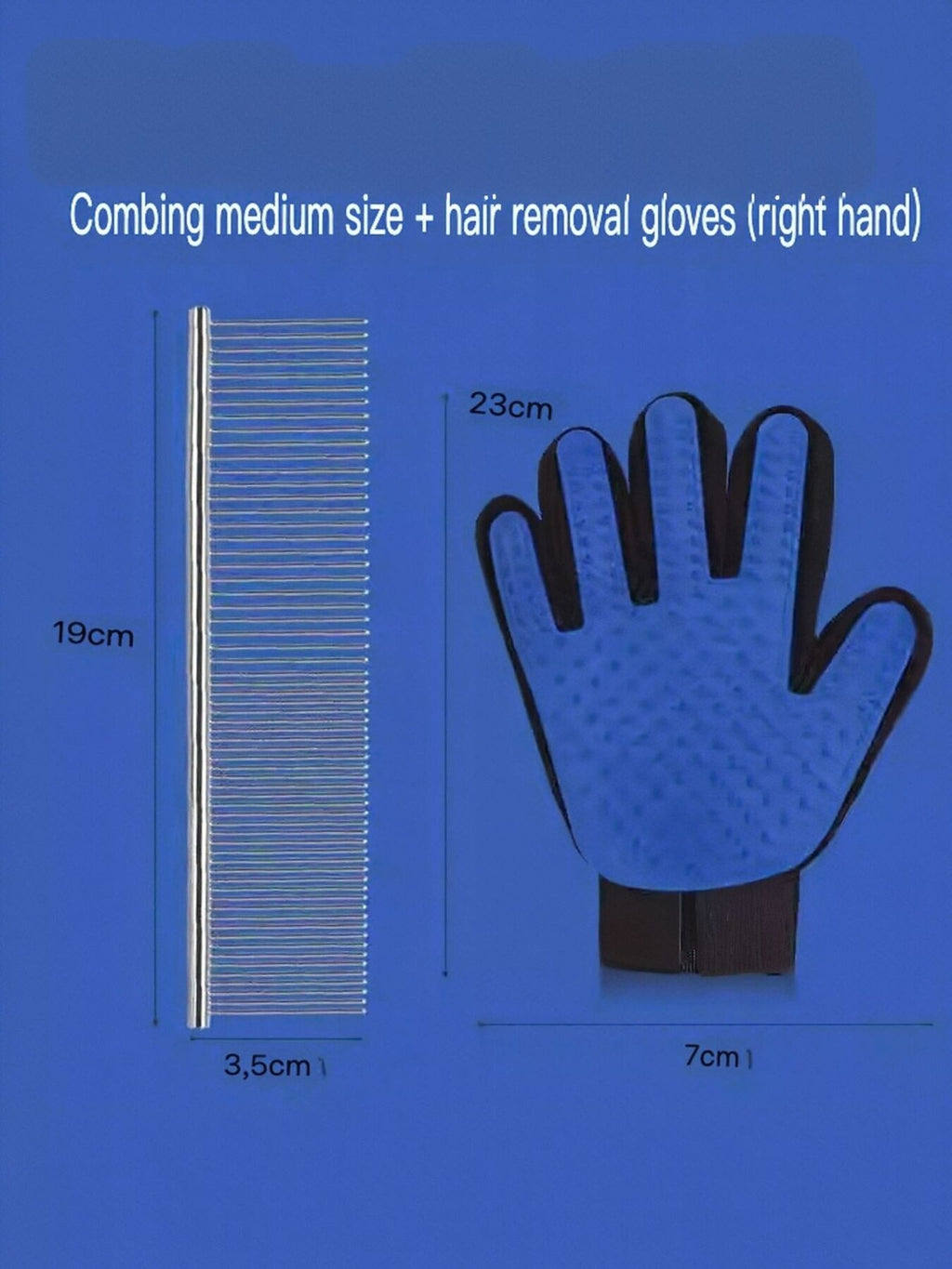 Combing medium size with hair-removal gloves (right hand) and stainless steel comb