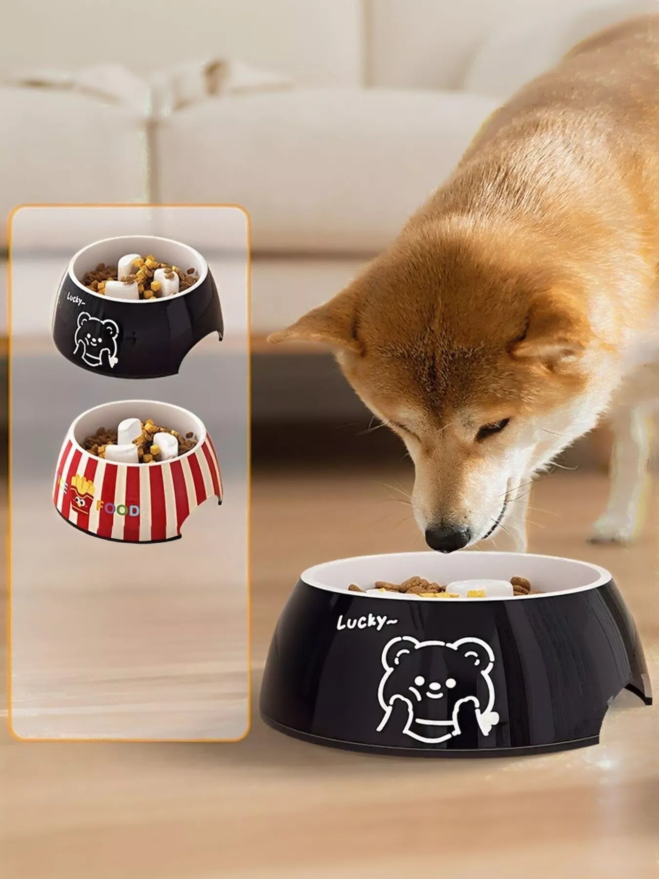 Cute Cartoon Pattern Pet Bowl, black with bear icon and Lucky text