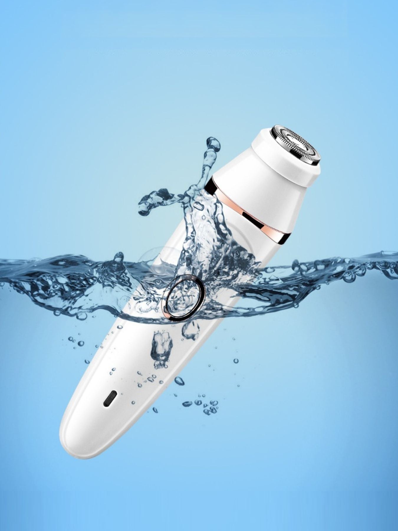 White epilator head in use with water splash detail