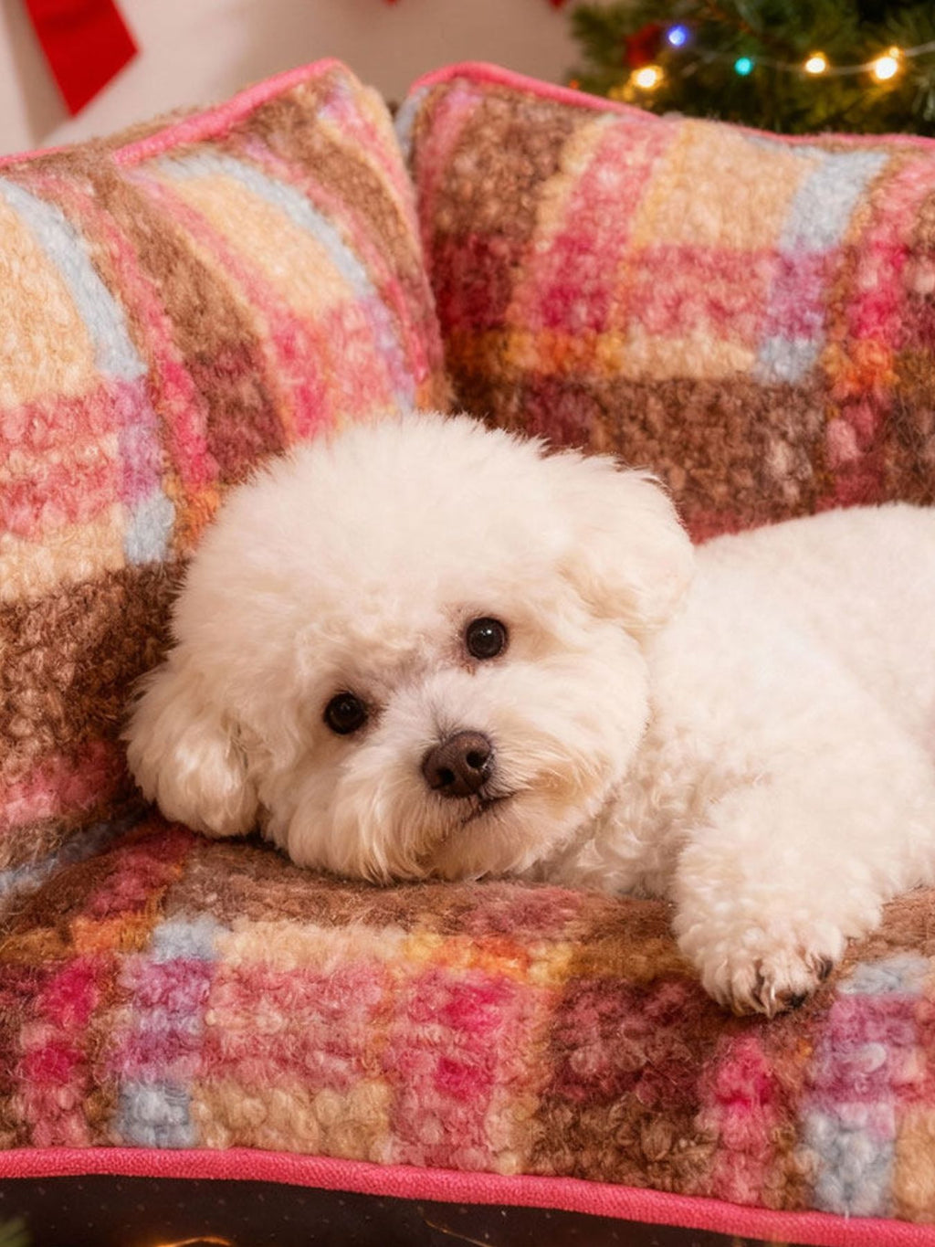 Plüsch-Pet-Sofa mit Karomuster, pinken Einfassungen; Hund im Vorderteil