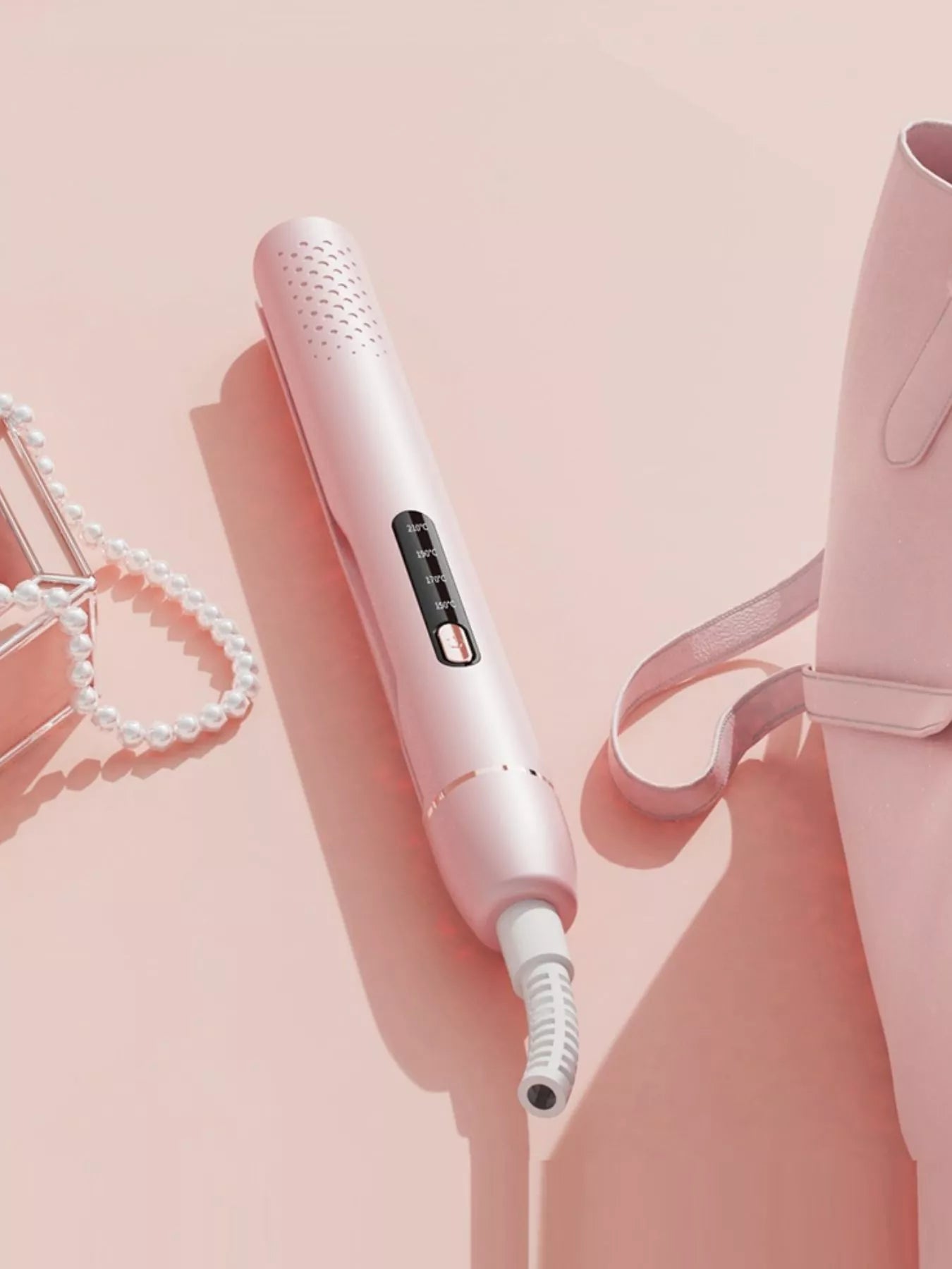 Blush Pink hair straightener on-the-go view with temperature display and cord