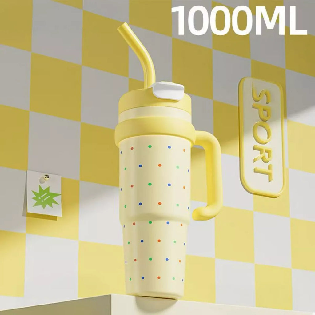 Large yellow water bottle with straw, 1000ML, multicolor dot print, flip lid