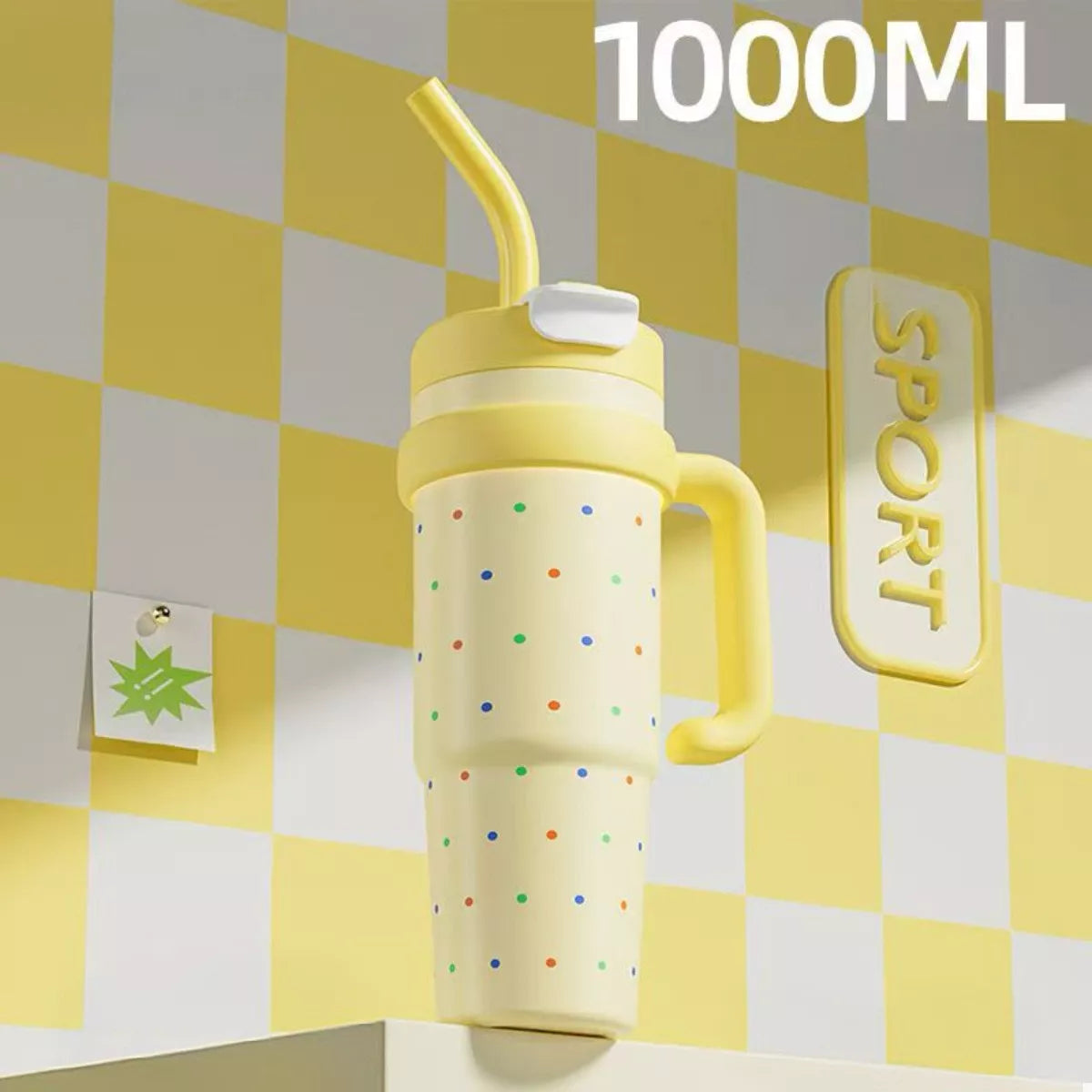 Large yellow water bottle with straw, 1000ML, multicolor dot print, flip lid