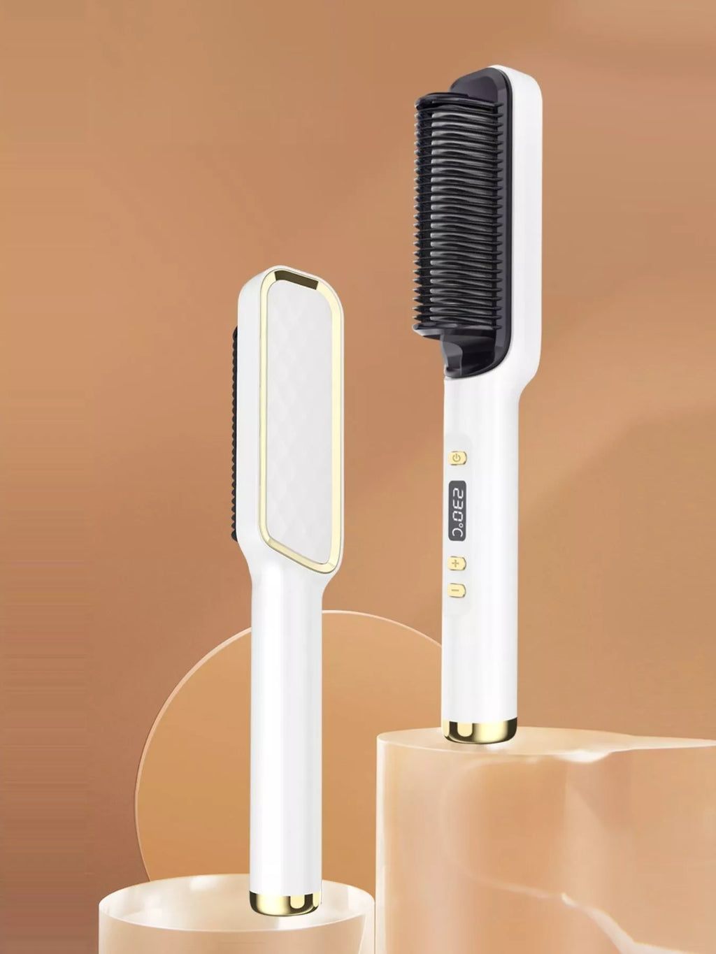Fast Heating Ceramic Straightening Comb, white handle with black bristles and gold trim