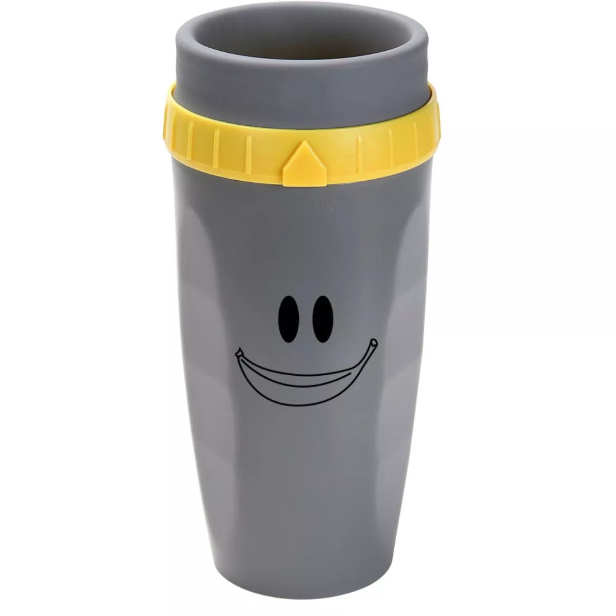 Gray tumbler kettle with smiley face and yellow flip-top straw lid