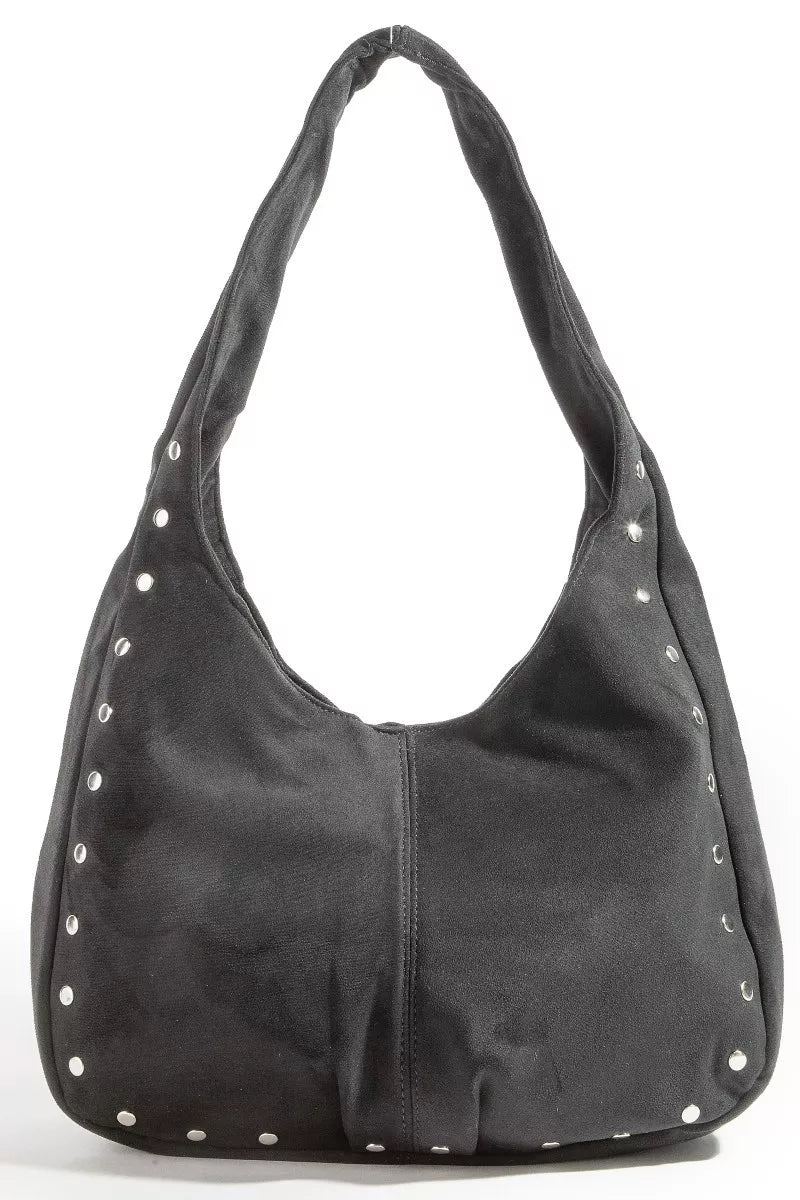 Faux suede hobo bag, dark gray with studded trim and curved shoulder strap