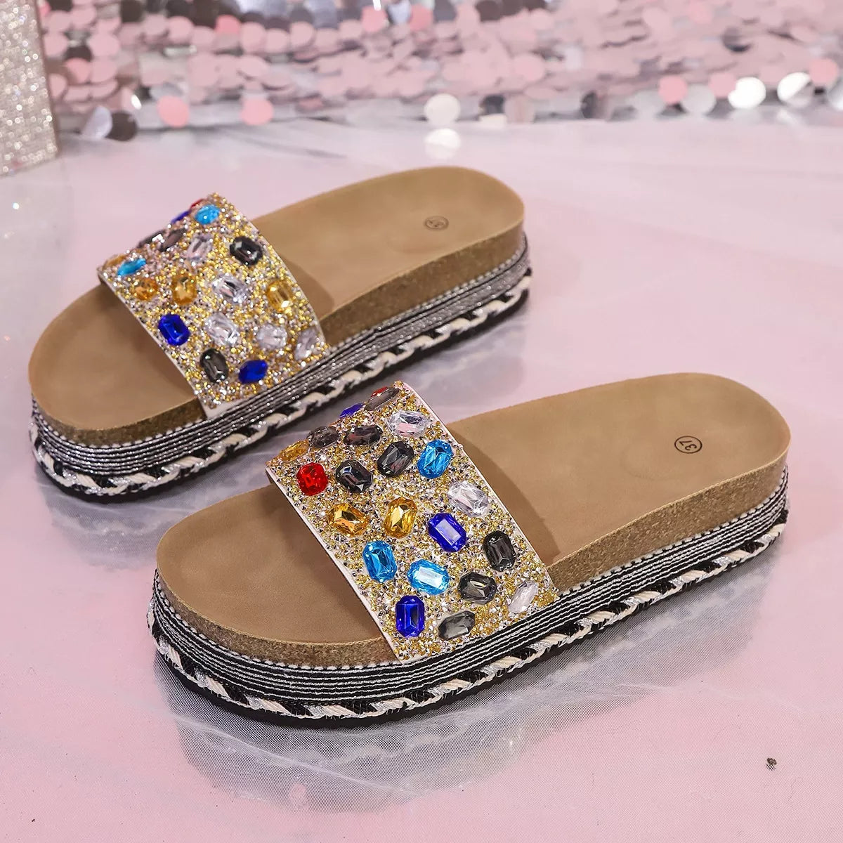 Rhinestone platform sandals with multicolor gem straps and textured wedge sole